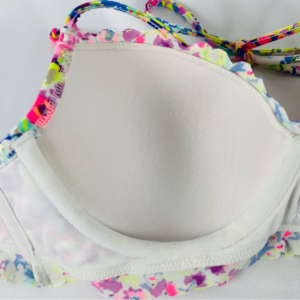 Victoria's Secret Fabulous Padded Ruffle Trim Scalloped Colorful Bikini Top 34B - Picture 8 of 13